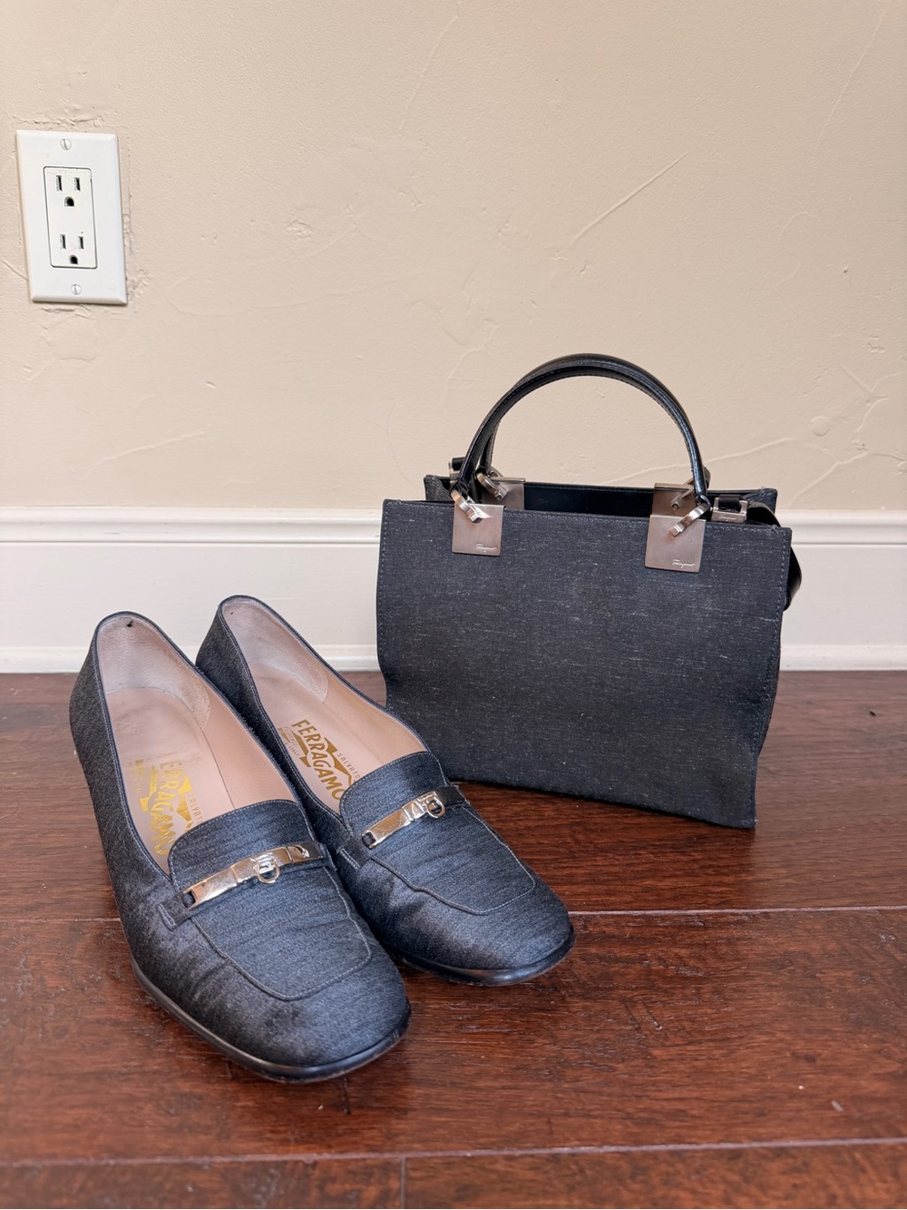 Salvatore Ferragamo Black Denim Loafers with Matching Black Denim Handbag